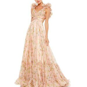 Mac Duggal Ruffle Tiered Pink Floral Cut-Out Chiffon Gown (Size 2)